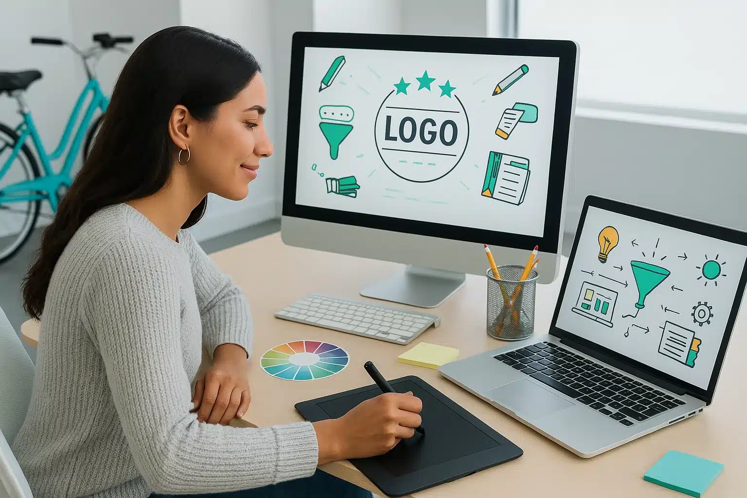 Giáo viên đang sử dụng thiết bị dạy học online tại bàn làm việc